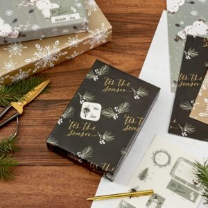 Hallmark Christmas Flat Wrapping Paper Sheets with Cutlines on Reverse (12 Folded Sheets with Sticker Gift Tags) Metallic Gold, Sage Green, Black, Rustic Snowmen, Snowflakes, Tis the Season"