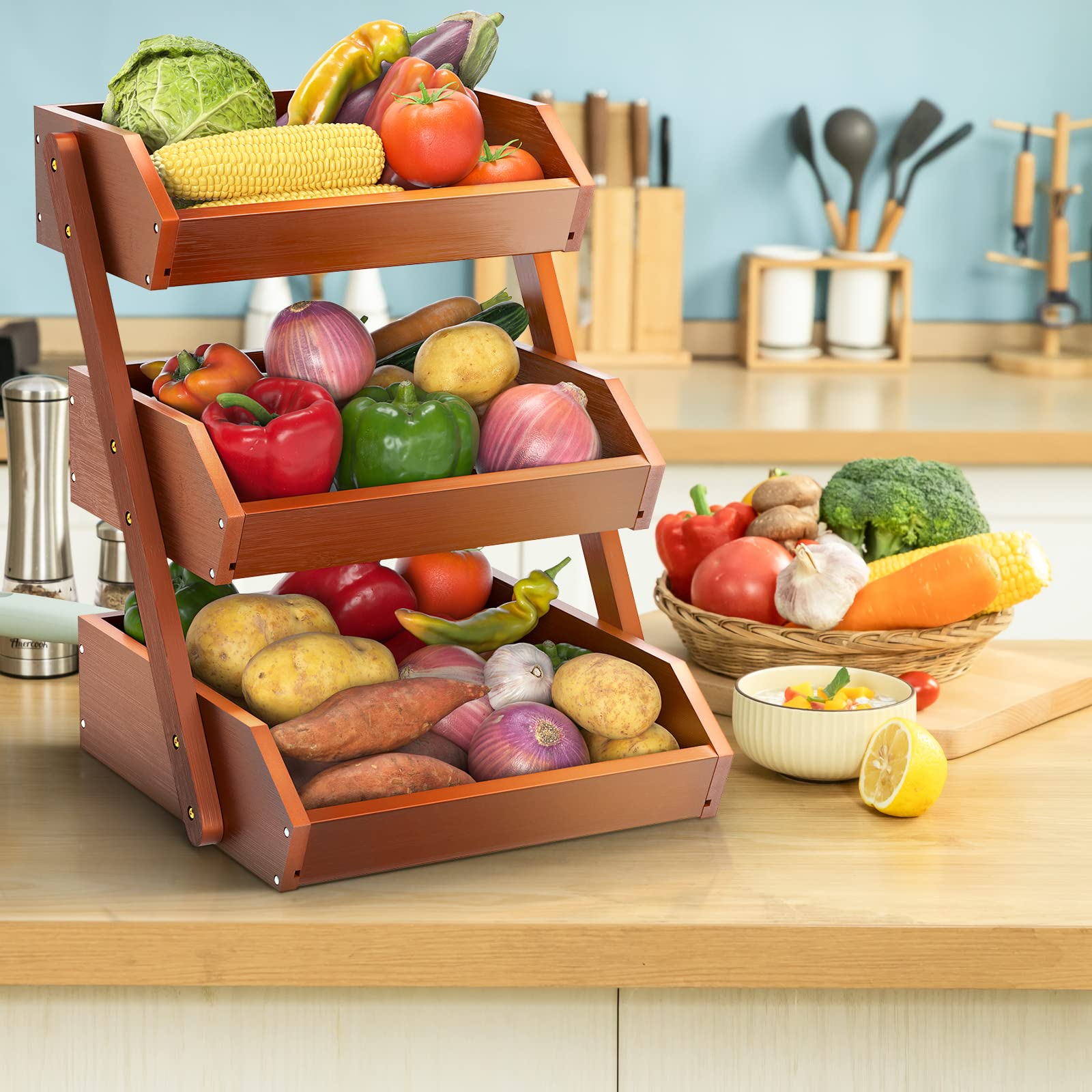 NUTUNI Fruit Basket for Kitchen, 3 Tier Fruit Basket, Bamboo Fruit Basket, Produce Storage, Fruit Holder, Fruit and Vegetable Storage for Potato, Onion, Bread and Snack -Brown (Self-assembly)