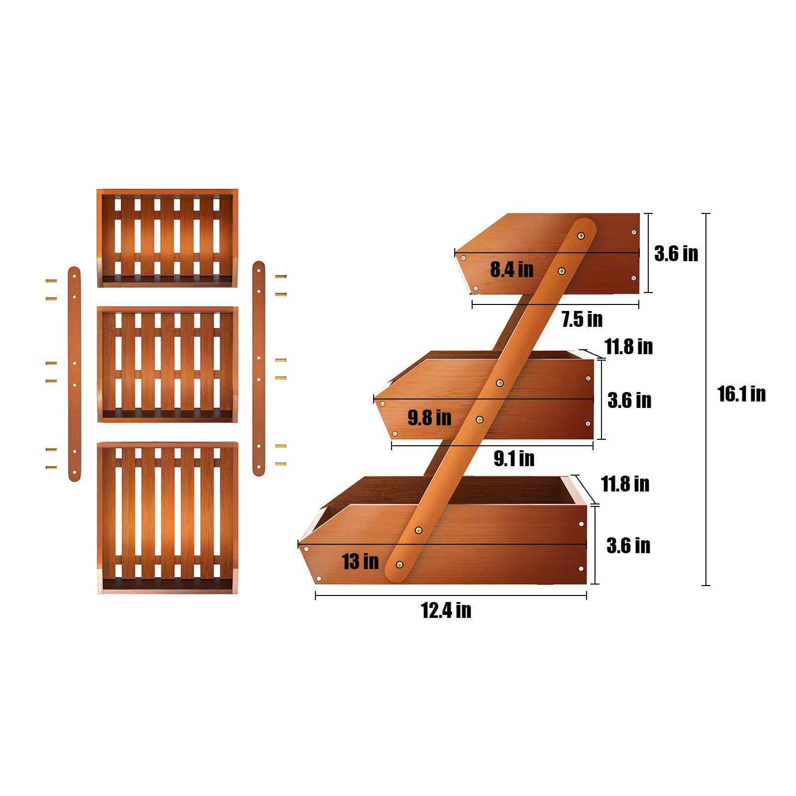 NUTUNI Fruit Basket for Kitchen, 3 Tier Fruit Basket, Bamboo Fruit Basket, Produce Storage, Fruit Holder, Fruit and Vegetable Storage for Potato, Onion, Bread and Snack -Brown (Self-assembly)