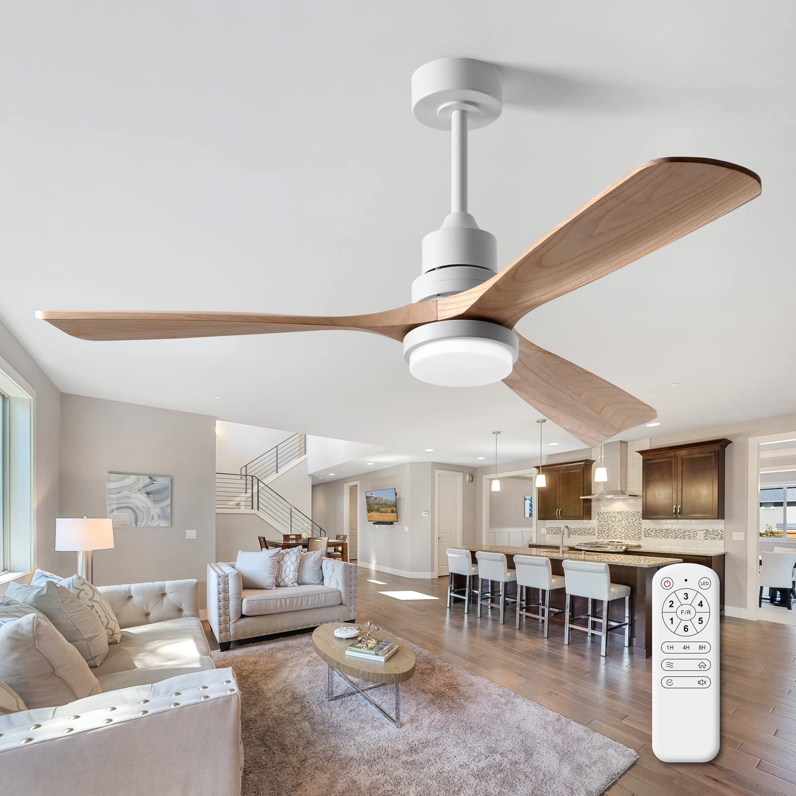 FXZZ 52 Inch Ceiling Fans with Lights and Remote, Quiet Reversible DC Motor and 3 Color LED Light, 3 Blades 6 Speed Wood Ceiling Fan for Farmhouse Living Room Bedroom Dining Room Workroom Study