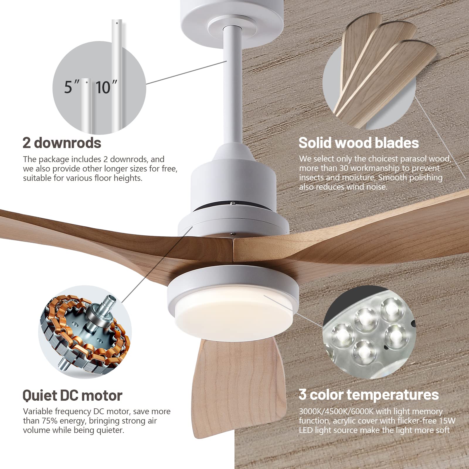 FXZZ 52 Inch Ceiling Fans with Lights and Remote, Quiet Reversible DC Motor and 3 Color LED Light, 3 Blades 6 Speed Wood Ceiling Fan for Farmhouse Living Room Bedroom Dining Room Workroom Study