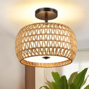 frideko home 3-light semi flush mount ceiling light - woven rattan light fixtures ceiling mount boho light fixture with fabric shade ceiling light fixture for bedroom kitchen hallway dining room