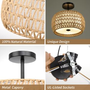 FRIDEKO HOME 3-Light Semi Flush Mount Ceiling Light - Woven Rattan Light Fixtures Ceiling Mount Boho Light Fixture with Fabric Shade Ceiling Light Fixture for Bedroom Kitchen Hallway Dining Room