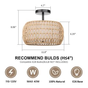 FRIDEKO HOME 3-Light Semi Flush Mount Ceiling Light - Woven Rattan Light Fixtures Ceiling Mount Boho Light Fixture with Fabric Shade Ceiling Light Fixture for Bedroom Kitchen Hallway Dining Room