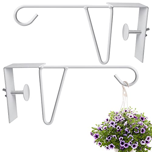 moonoom 2 Pack Adjustable Vinyl Fence Hooks,5 x 10 Inches Durable White Patio Hooks Coated Steel Fence Hangers for Hanging Flower Baskets, Wind Chimes, Planters, Lights (2pcs White)