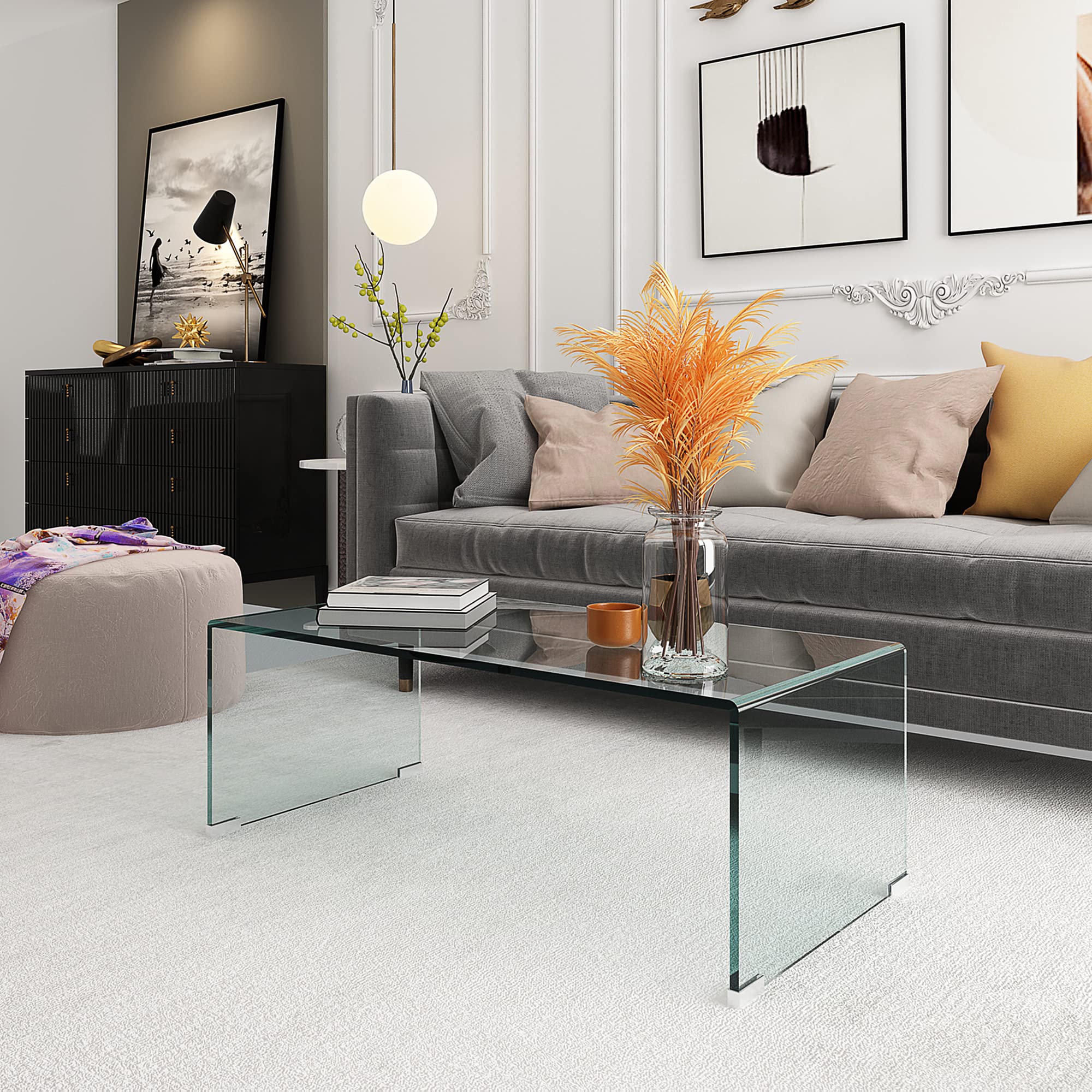 IANIYA Tempered Glass Coffee Table for Modern Living Room Decor, Easy to Clean with Safe Rounded Edges and Durable Design, 39.3" L x 19.6" W x 13.78" H (1, Transparent Coffee Table)