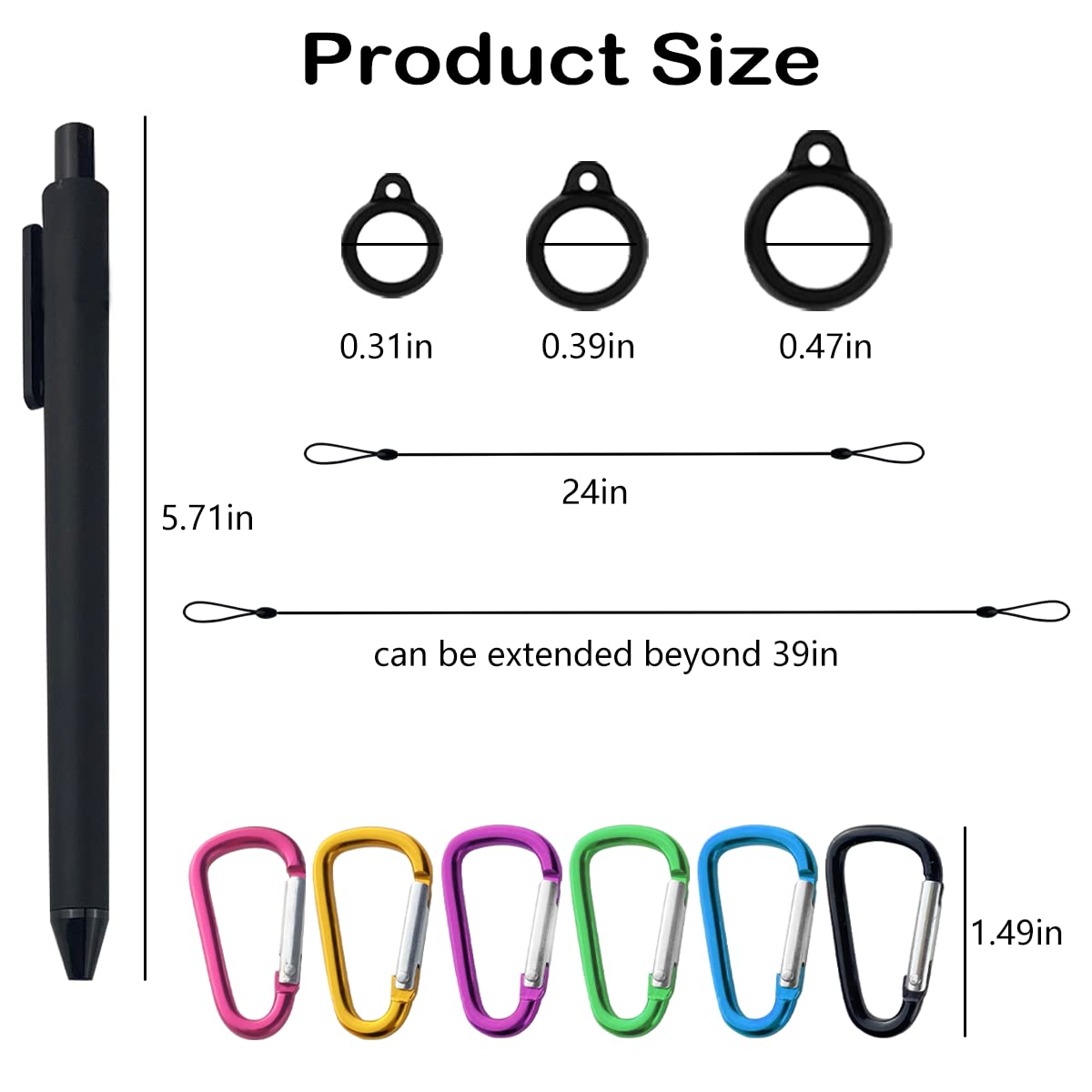 GSYUWIH 6 Sets 24 Inche Pen Silicone Lanyard Holder,Pen Leash with Silicone Circles and Metal Carabiner,Retractable Pen Holder with 3 Sizes of Silicone Ring Suitable for Offices,Classrooms,Buildings