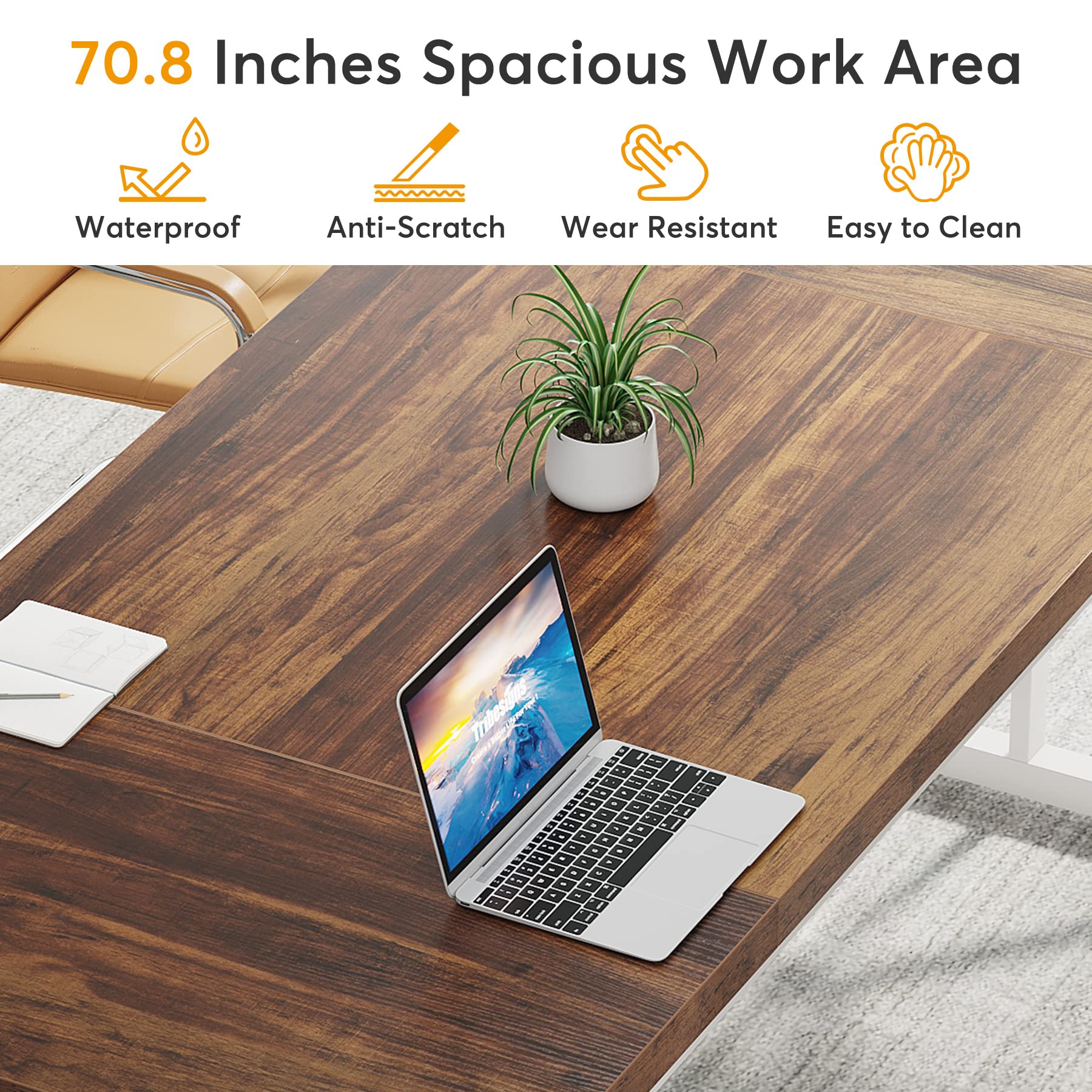 Tribesigns 6FT Conference Table, 70.86 L x 31.49 W x 29.52 H Inches Rectangle Meeting Room Table, Rustic Wood Seminar Table Executive Desk for Office, Conference Room(Brown/White)