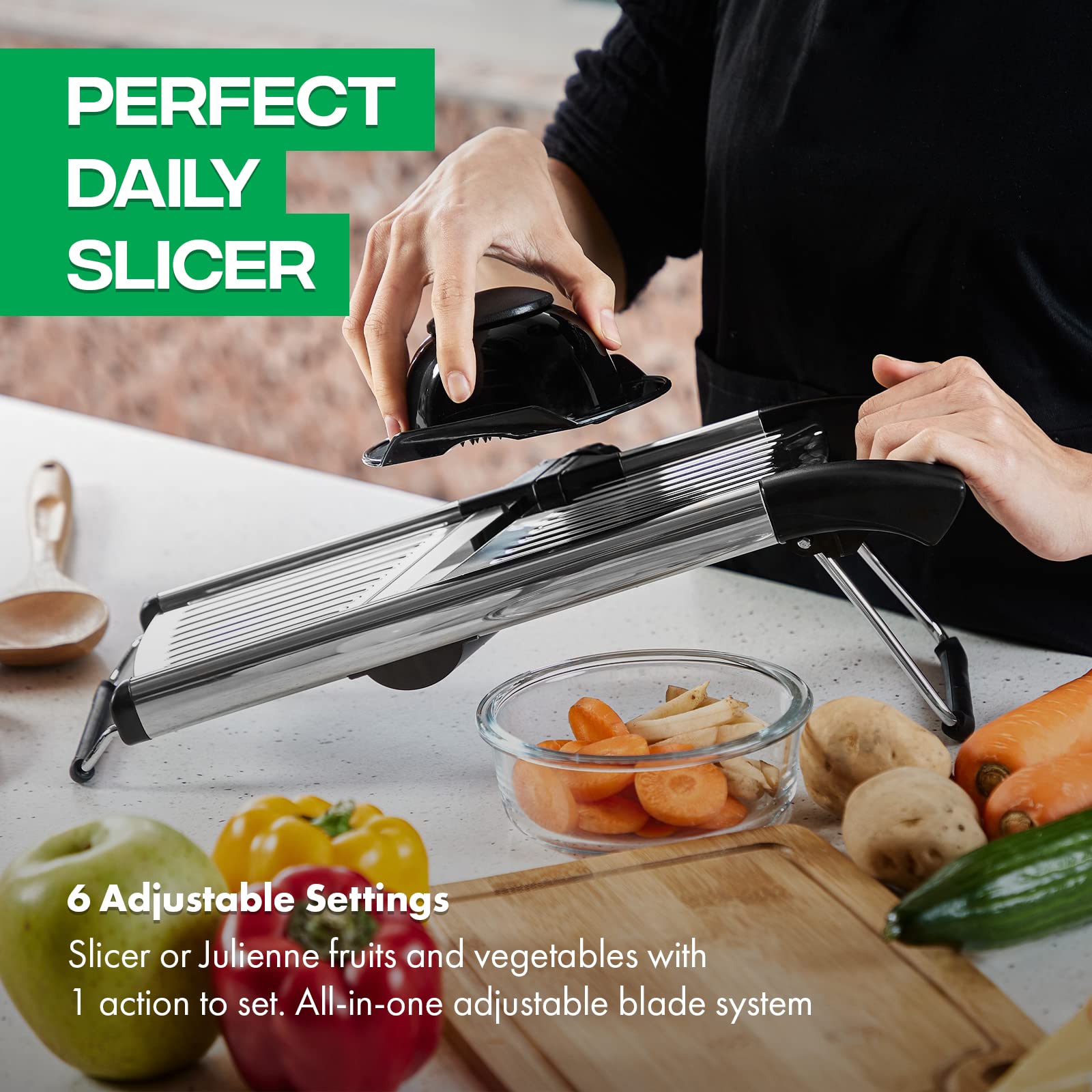 MadebyGNL Mandoline Slicer for Kitchen, Adjustable Stainless Steel Vegetable Cutter,Vegetable Chopper for Potato, Tomato, Veggie Salad and Onion, French Fry Cutter with Cut-Resistant Gloves