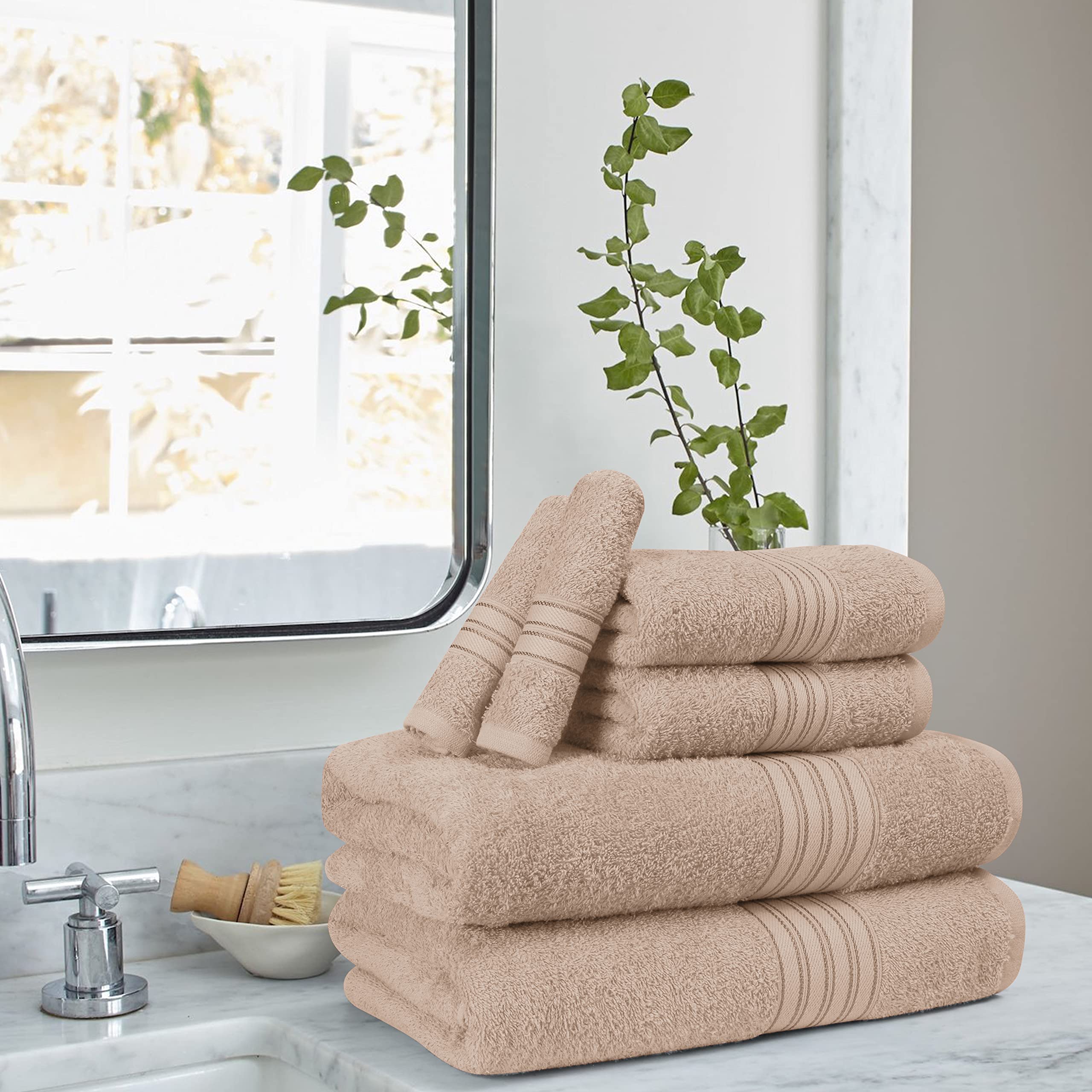 BOUTIQUO 6 Pack Cotton Towel Set, Contains 2 Bath Towels 28x55 inch, 2 Hand Towels 16x24 inch & 2 Wash Coths 12x12 inch, Ideal Everyday use, Ultra Soft Compact & Lightweight - Tan