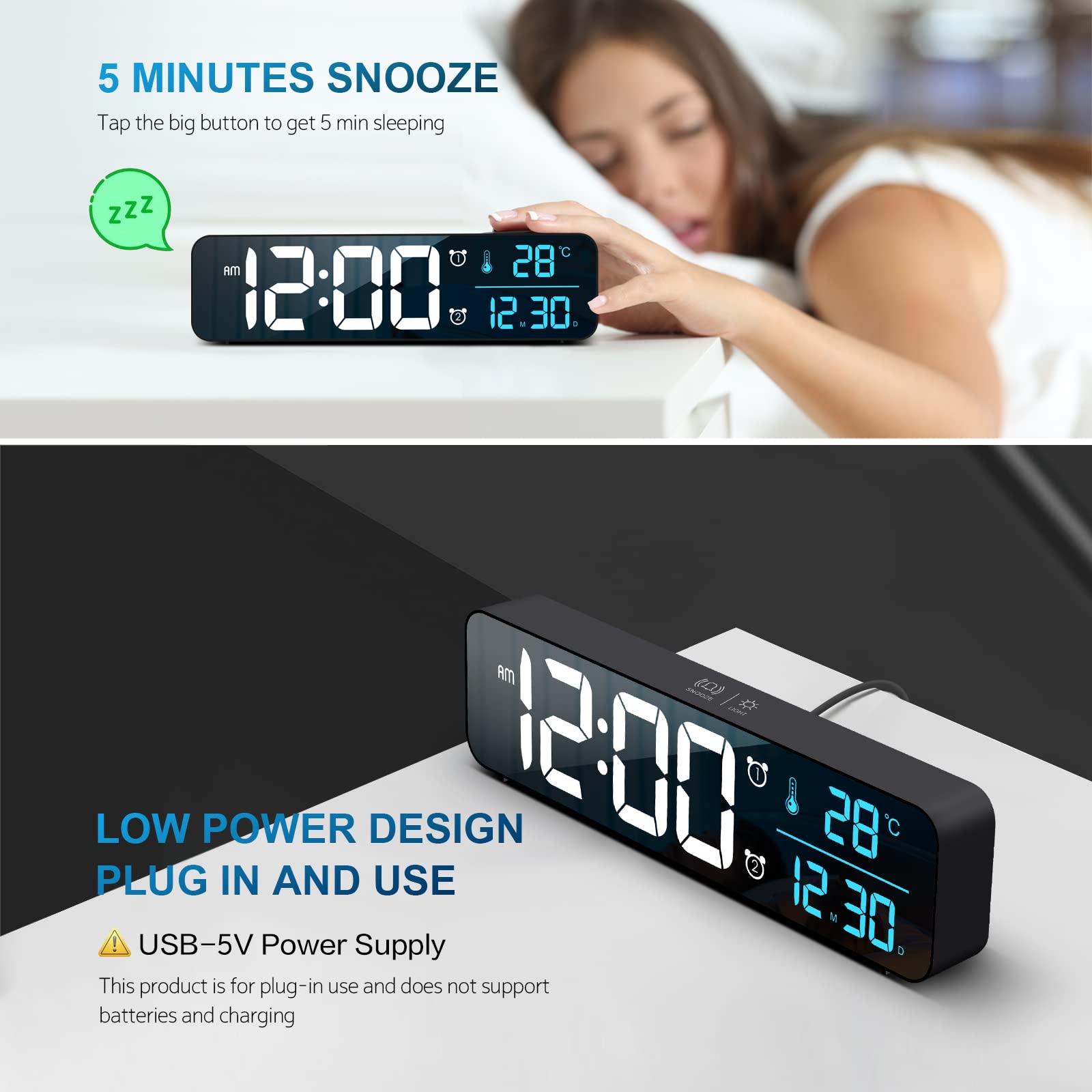 Digital Clock, Clock for Bedroom, Digital Wall Clock, Clocks for Living Room Decor, Desk Clock, Table Clock, Digital Clock Large Display, Smart Alarm Clock for Office Blue (Wired Black+Blue Digit)