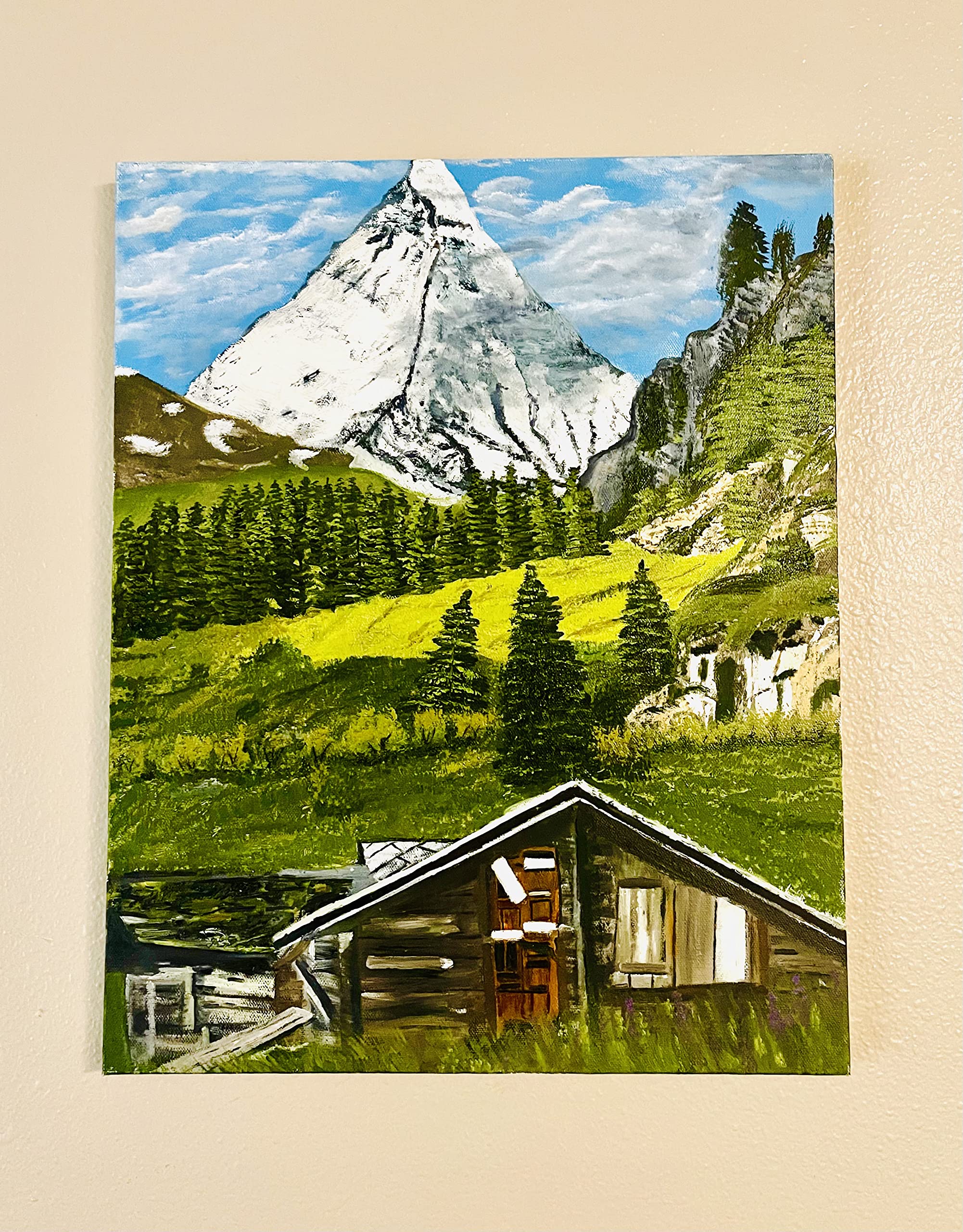 Handmade oil painting on Cotton canvas, Mountain And old House Green And Brown 100% Hand painted,Modern Artwork For Living Room.''20x16''