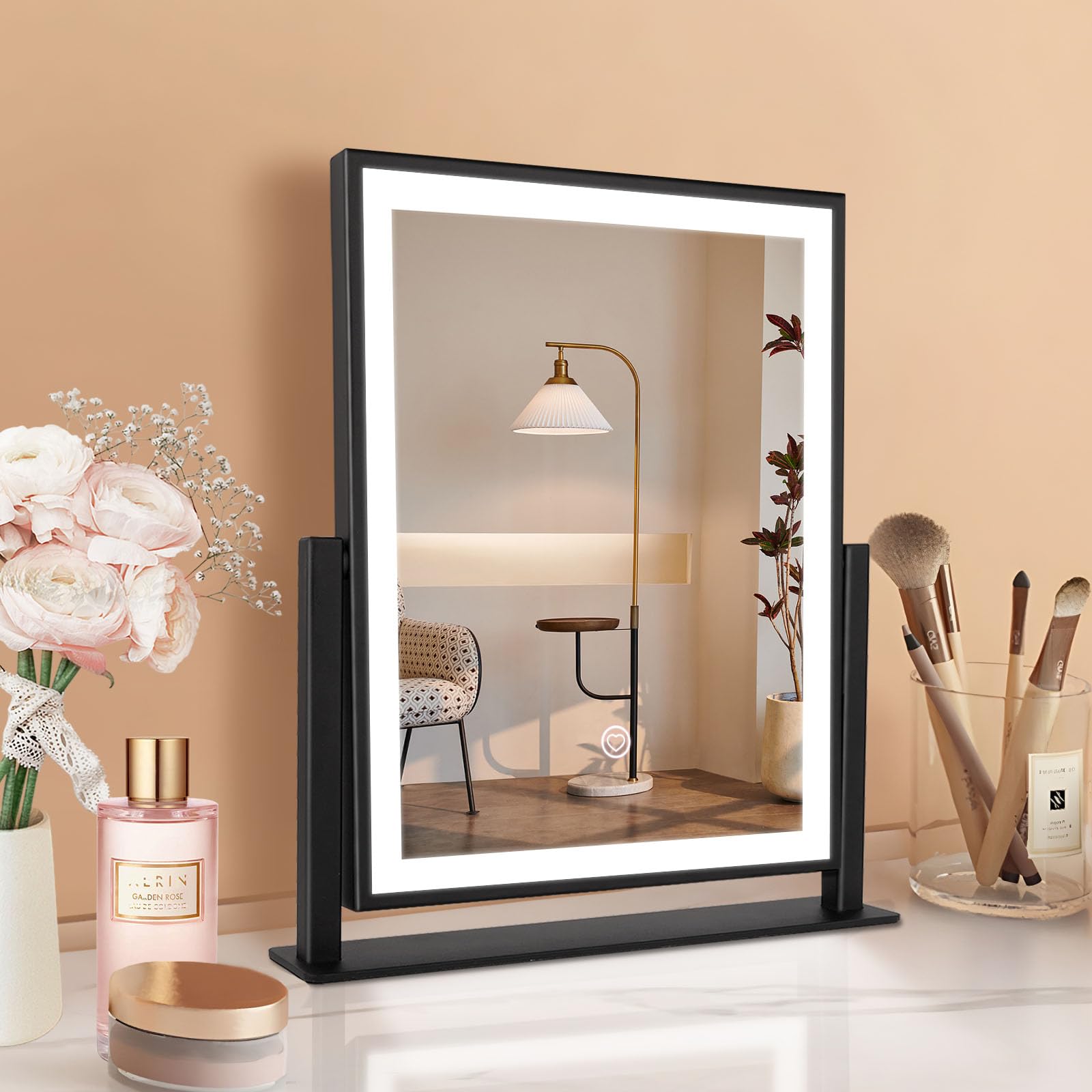 Makeup Mirror with Lights, Fashion Lighted Vanity Mirror with Dimmable Light, Smart Control, Adjustable Warm White/Natural/Daylight, Birthday Wedding Present, 360°Rotation (Black, 13inch)