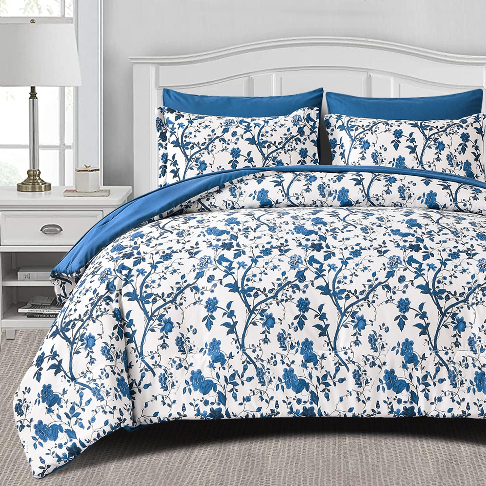 LLDSYW King Size Comforter Set - 7 Pieces Bed in a Bag Soft Microfiber Bedding Comforter Set Leaves Floral Pattern on White Comforter Sets with Sheets for All Seasons (King, Blue)