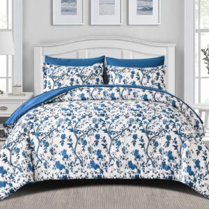 LLDSYW King Size Comforter Set - 7 Pieces Bed in a Bag Soft Microfiber Bedding Comforter Set Leaves Floral Pattern on White Comforter Sets with Sheets for All Seasons (King, Blue)