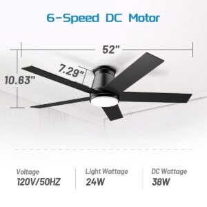 wurzee 52" Flush Mount Ceiling Fan, Black low profile Ceiling Fan, 6 Speeds DC Reversible Motor, Timing, Dimmable Ceiling Fan for Indoor Patio Porch Garage Shop Factory Warehouse