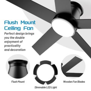 wurzee 52" Flush Mount Ceiling Fan, Black low profile Ceiling Fan, 6 Speeds DC Reversible Motor, Timing, Dimmable Ceiling Fan for Indoor Patio Porch Garage Shop Factory Warehouse