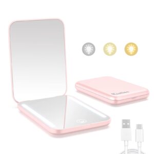 kintion rechargeable pocket mirror, double sided 1x/3x magnification compact vanity mirror, 3 color lights, dimmable, small portable wallet mirror, lighted travel mirror for women gifts, pink