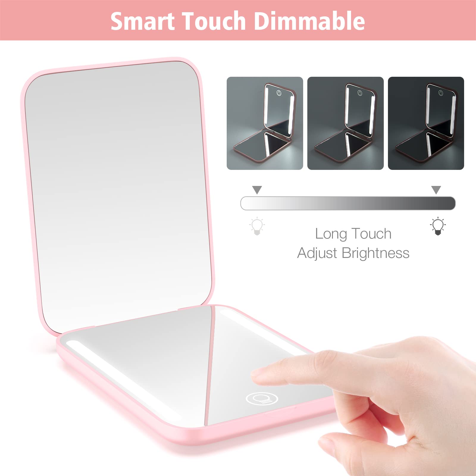 Kintion Rechargeable Pocket Mirror, Double Sided 1X/3X Magnification Compact Vanity Mirror, 3 Color Lights, Dimmable, Small Portable Wallet Mirror, Lighted Travel Mirror for Women Gifts, Pink