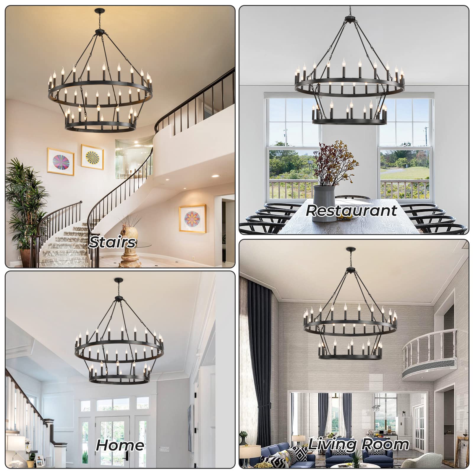 celimi Wagon Wheel Chandelier Large Black Round Modern Farmhouse Light Fixtures for High Ceilings, Dining Room,Living Room (36-lights)