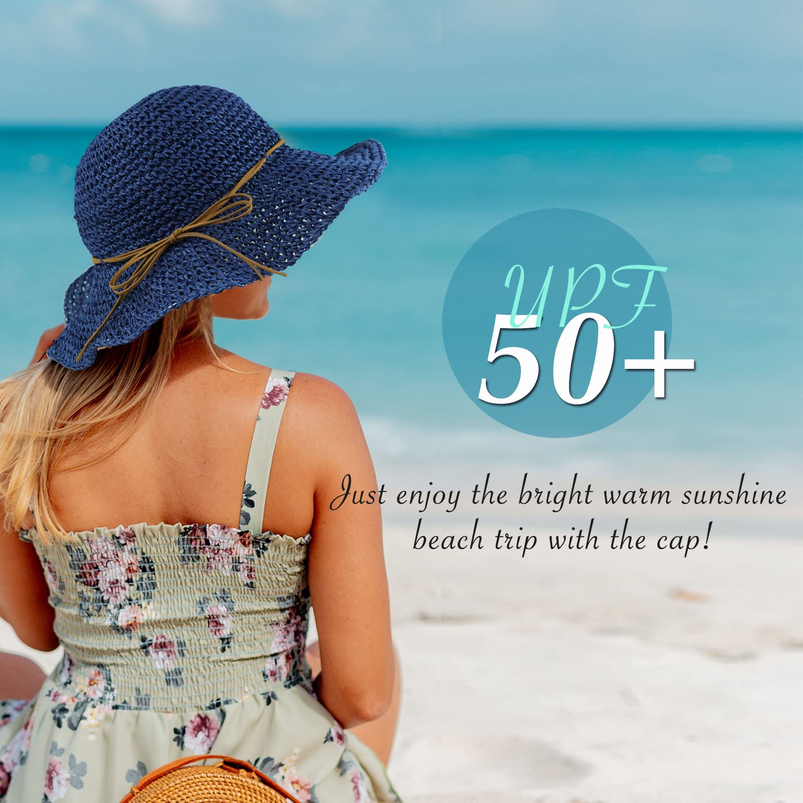 Women Sun Hat Wide Brim Floppy Beach Hat Crochet Straw Hat Breathable UV UPF 50+ Summer Hat Foldable Packable Travel Outdoor Cap Navy Blue