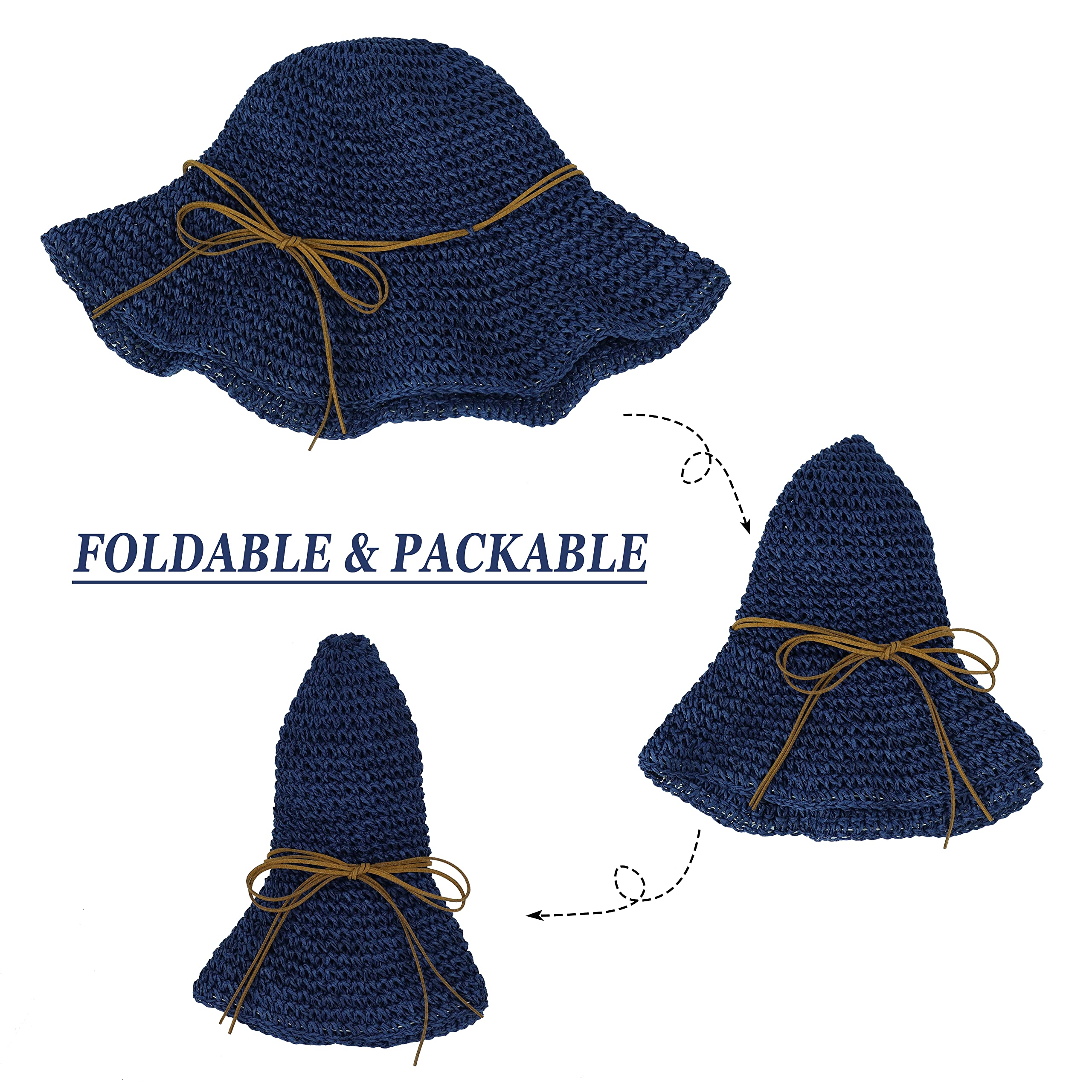 Women Sun Hat Wide Brim Floppy Beach Hat Crochet Straw Hat Breathable UV UPF 50+ Summer Hat Foldable Packable Travel Outdoor Cap Navy Blue