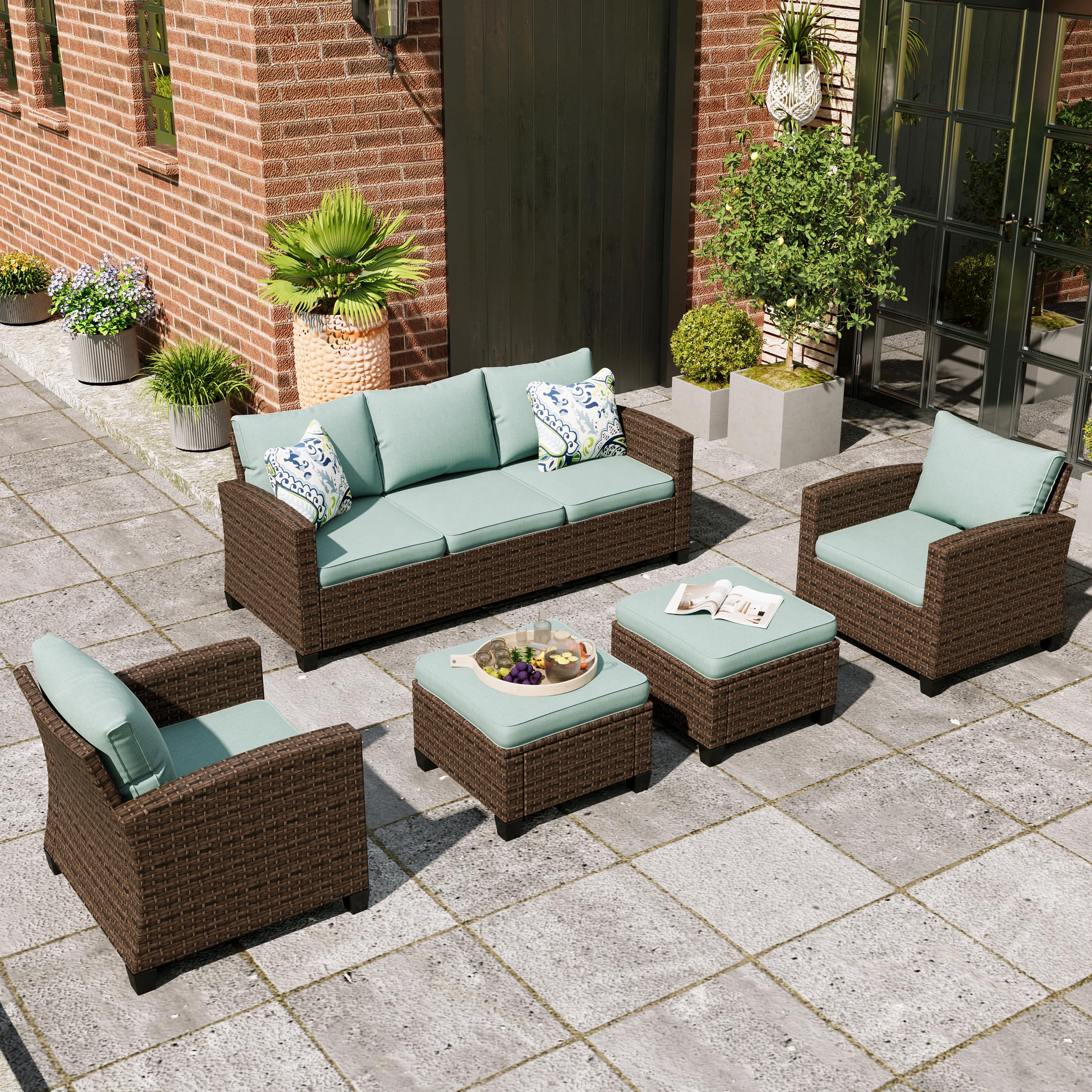 MIXPATIO Patio Furniture Set, 5 Pcs Wicker Outdoor Conversation Set, 2 x Single Chairs, 1 x 3 Seater Sofa and 2 x Ottoman with 4" Thick Cushion for Garden Backyard Deck, Blue