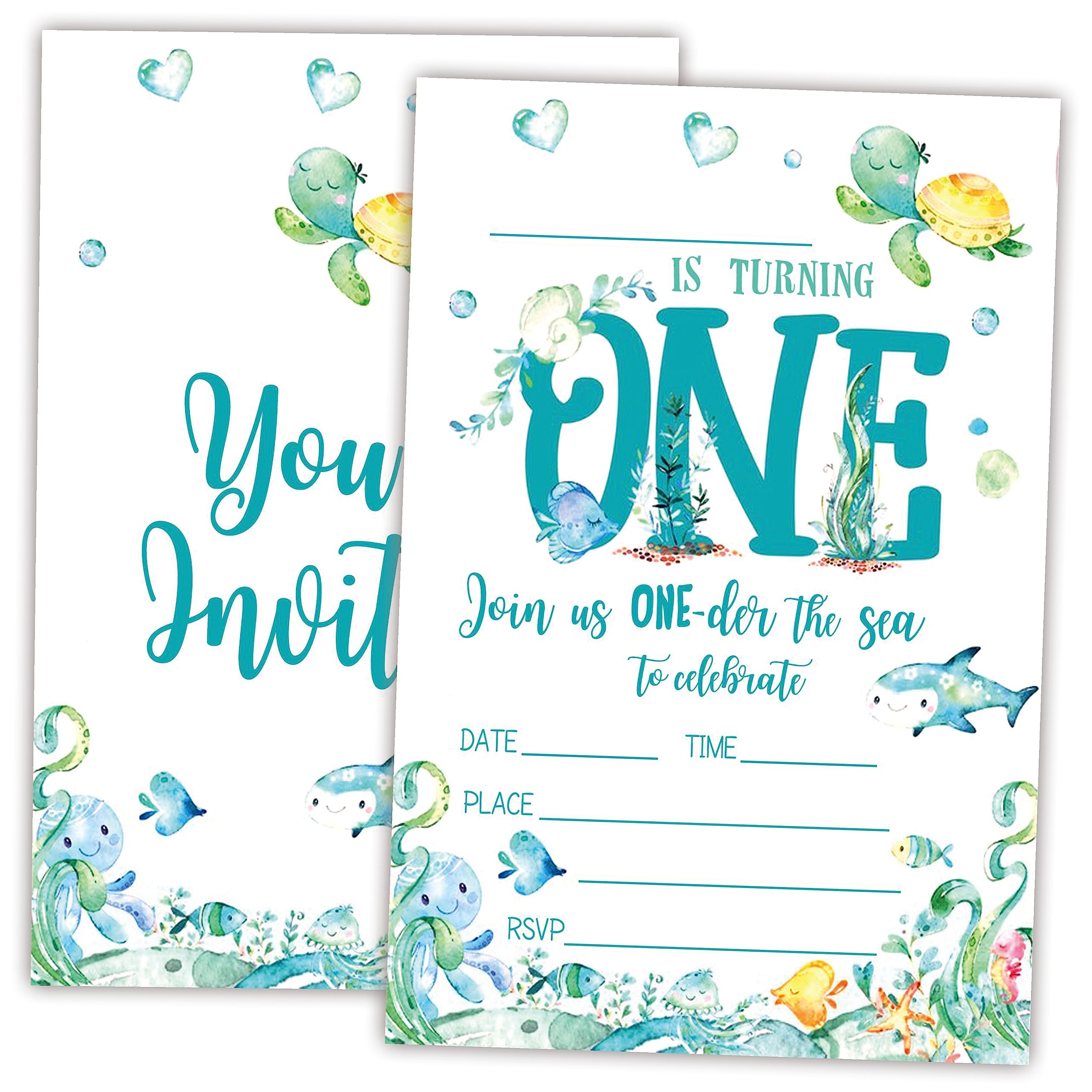 AWSICE Under The Sea Birthday Party Invitations, 20 Double-Sided Fill-In Cards, Boys, Girls, Kids, Teen, With Envelopes, Decorations, Party Favor And Supply