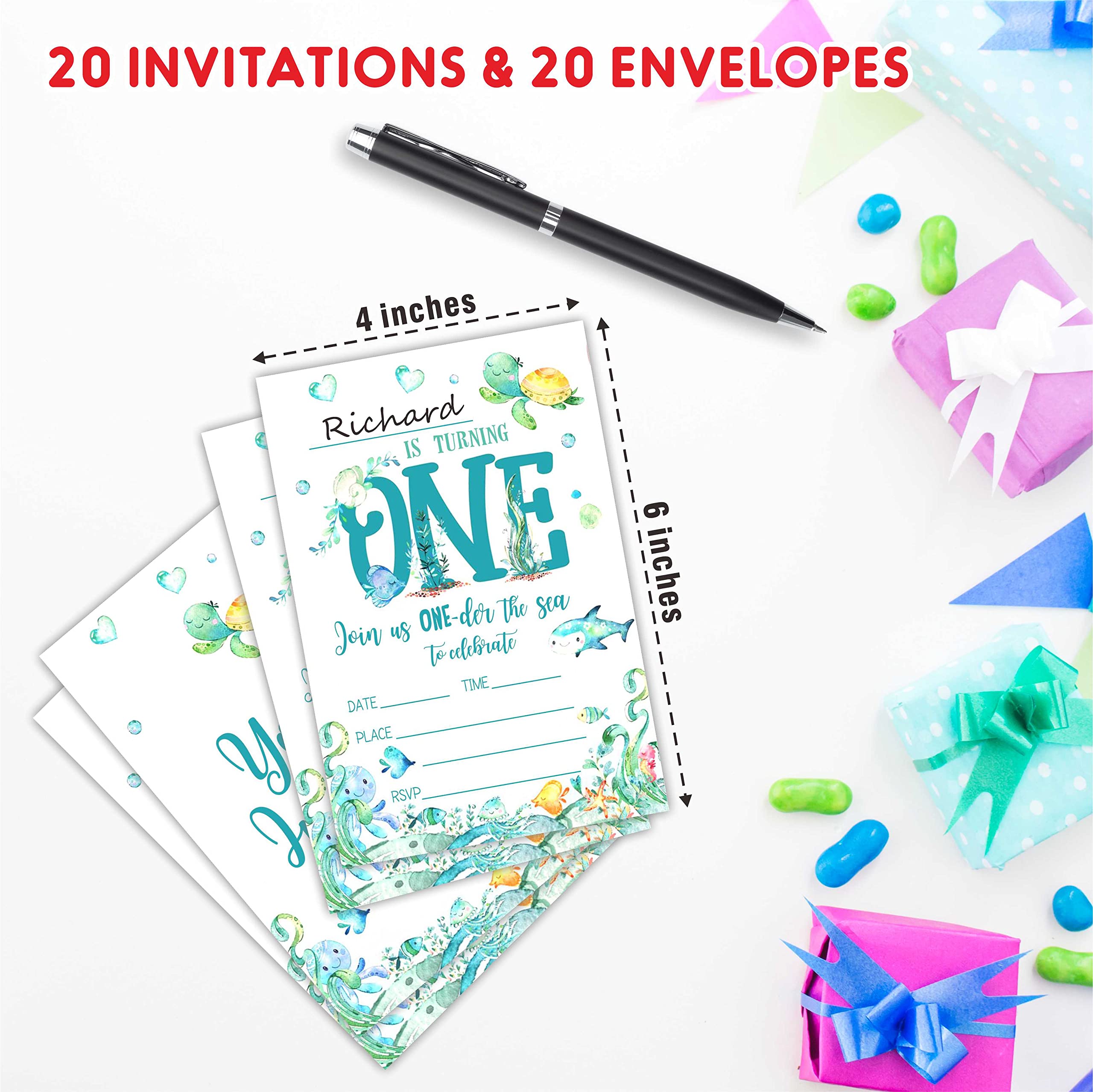 AWSICE Under The Sea Birthday Party Invitations, 20 Double-Sided Fill-In Cards, Boys, Girls, Kids, Teen, With Envelopes, Decorations, Party Favor And Supply