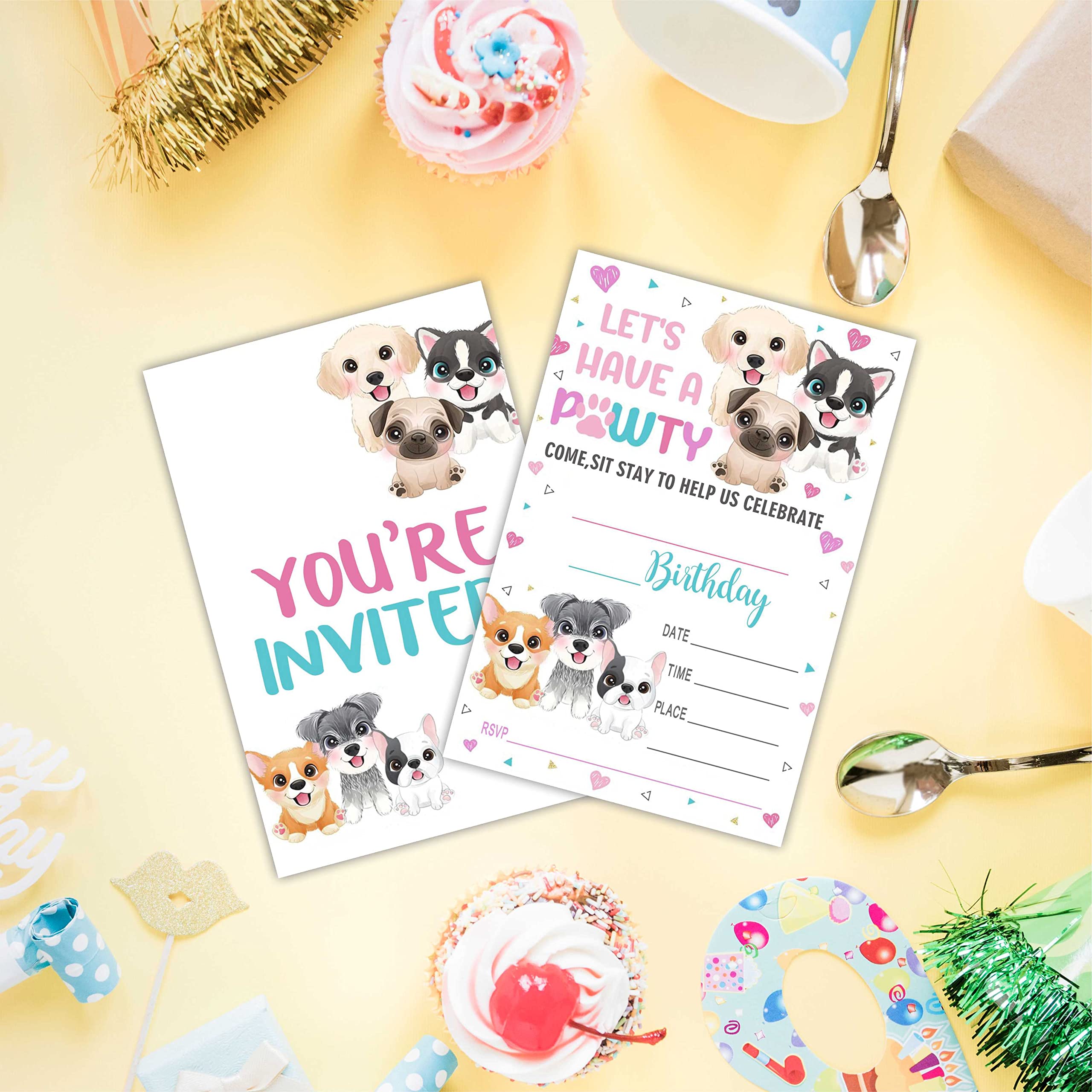 Have A Pawty Birthday Invitations, Pet Dog Puppy Theme Double-Sided Fill-In Invite Cards For Birthday Party,Boys, Girls, Kids, 20 Invitations With Envelopes, Decorations,Party Favor And Supply-A44