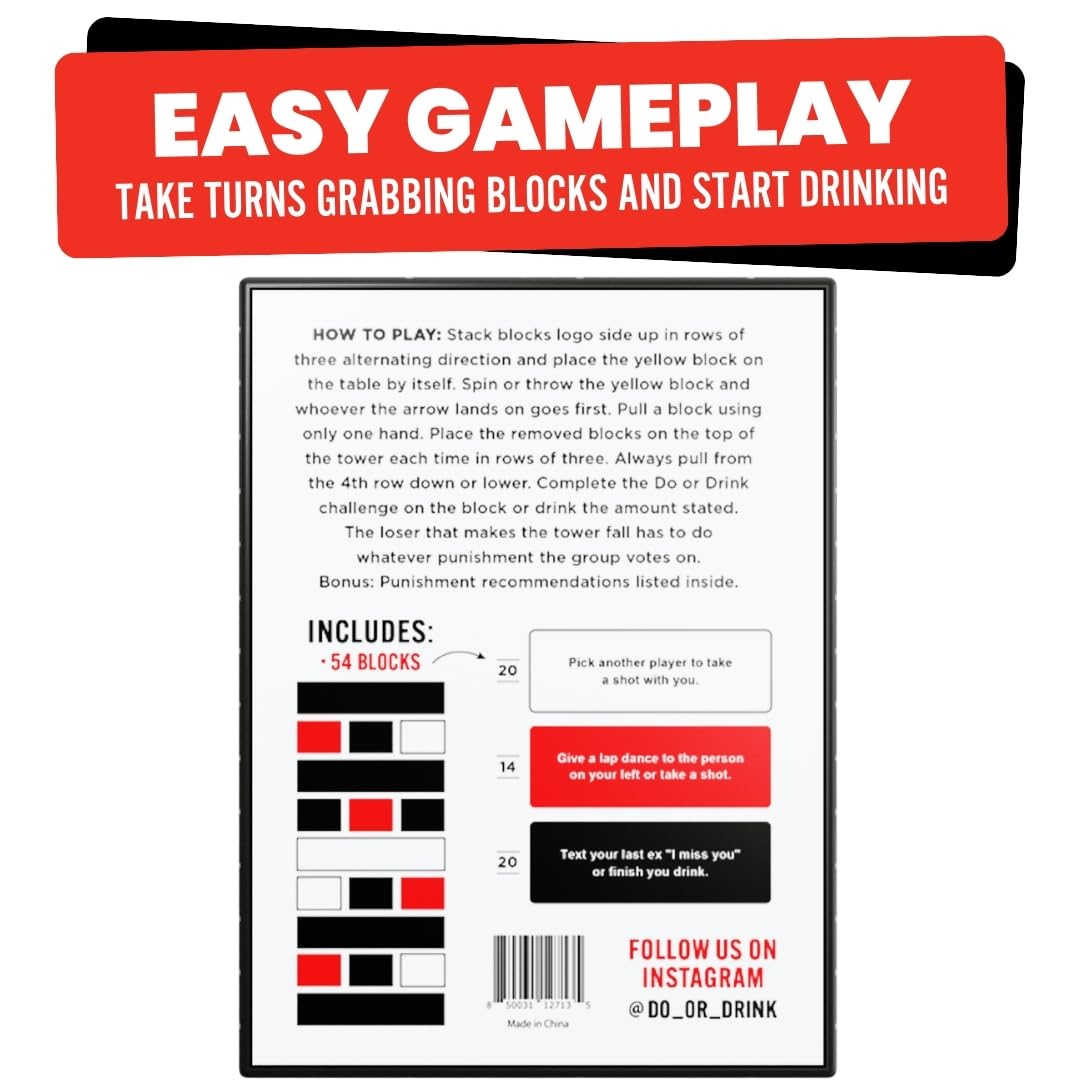 Do or Drink Blackout Tower Drinking Game - Adult Party Game with 54 Blocks and Challenges - Fun Drunk Game for Game Night - Great Gift for Pregames, Bachelorettes, Couples, and More