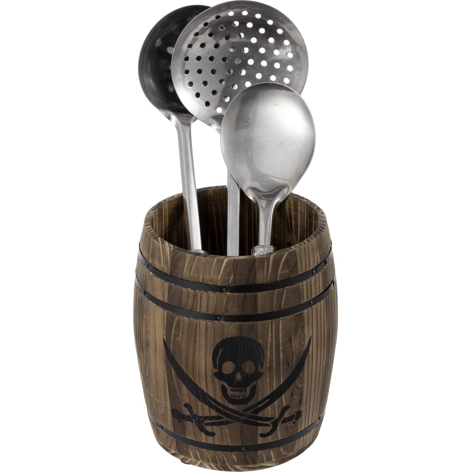 MyGift Rustic Burnt Wood Pirates Rum Cask Style Kitchen Utensil Crock, Vintage French Wine Barrel Cooking Tools Holder with Skull and Cutlass Sword Design