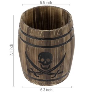 MyGift Rustic Burnt Wood Pirates Rum Cask Style Kitchen Utensil Crock, Vintage French Wine Barrel Cooking Tools Holder with Skull and Cutlass Sword Design