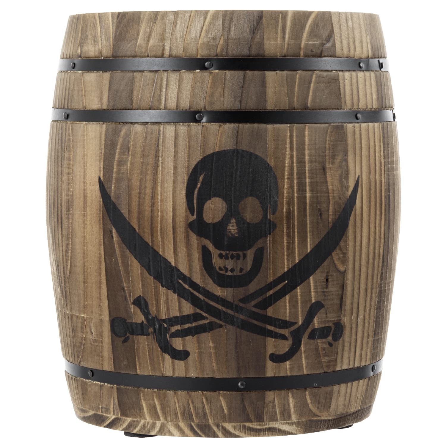 MyGift Rustic Burnt Wood Pirates Rum Cask Style Kitchen Utensil Crock, Vintage French Wine Barrel Cooking Tools Holder with Skull and Cutlass Sword Design