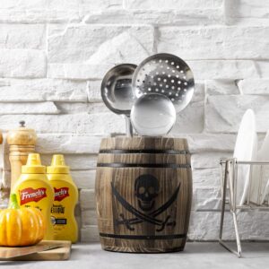 MyGift Rustic Burnt Wood Pirates Rum Cask Style Kitchen Utensil Crock, Vintage French Wine Barrel Cooking Tools Holder with Skull and Cutlass Sword Design