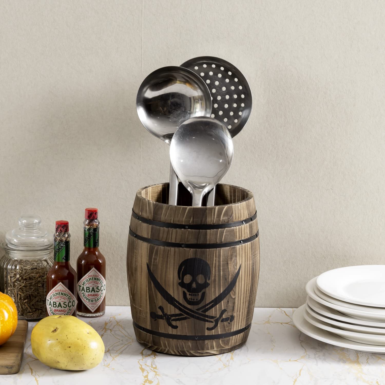 MyGift Rustic Burnt Wood Pirates Rum Cask Style Kitchen Utensil Crock, Vintage French Wine Barrel Cooking Tools Holder with Skull and Cutlass Sword Design