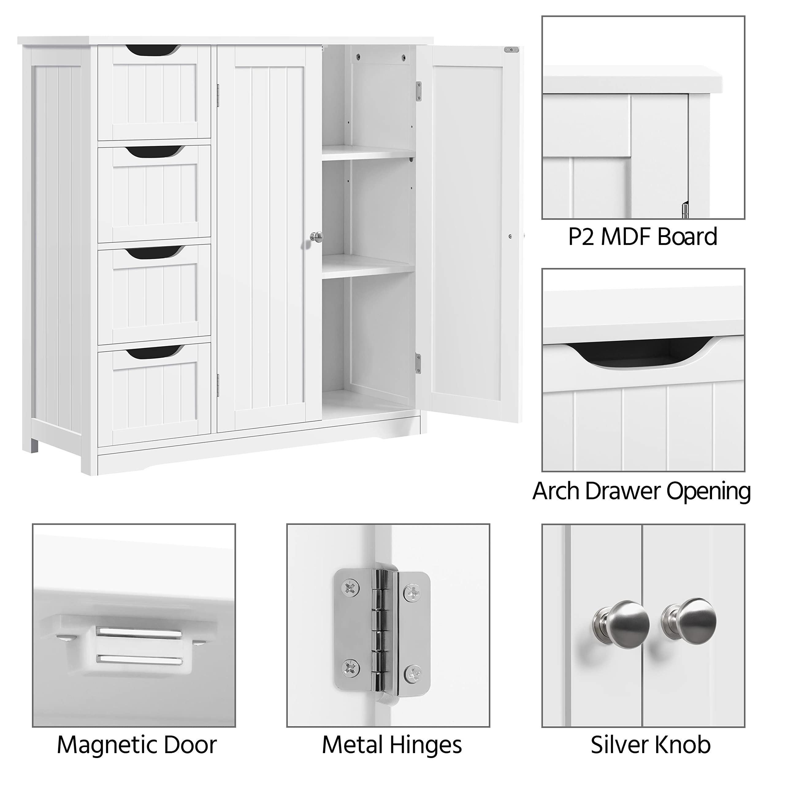 Yaheetech Wooden Bathroom Floor Cabinet, Side Storage Organizer Cabinet with 4 Drawers & Double Doors, Freestanding Entryway Storage Unit Console Table, Bathroom Furniture Home Decor, White