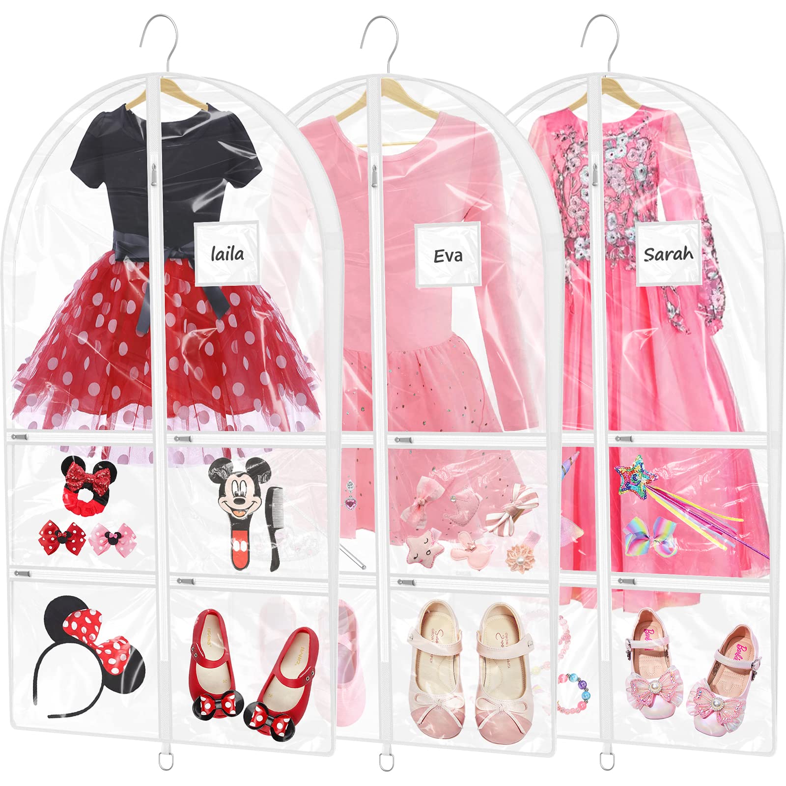 SDAWIN 40'' Clear Kids Dance Costume Garment Bags for Dancers with Pockets, PVC Waterproof 3.3" Gussetes for Girls and Boy Travel Clothes Covers, 3 Packs