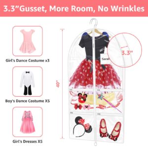 SDAWIN 40'' Clear Kids Dance Costume Garment Bags for Dancers with Pockets, PVC Waterproof 3.3" Gussetes for Girls and Boy Travel Clothes Covers, 3 Packs