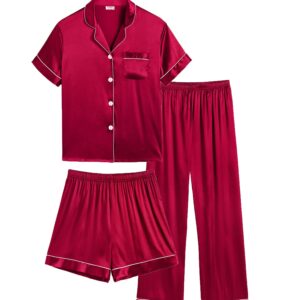 SWOMOG Womens Silk Satin Pajamas Set 3pcs Summer Pj Sets Plus Size Loungewear Button-Down Loose Rose Pink Sleepwear 18W