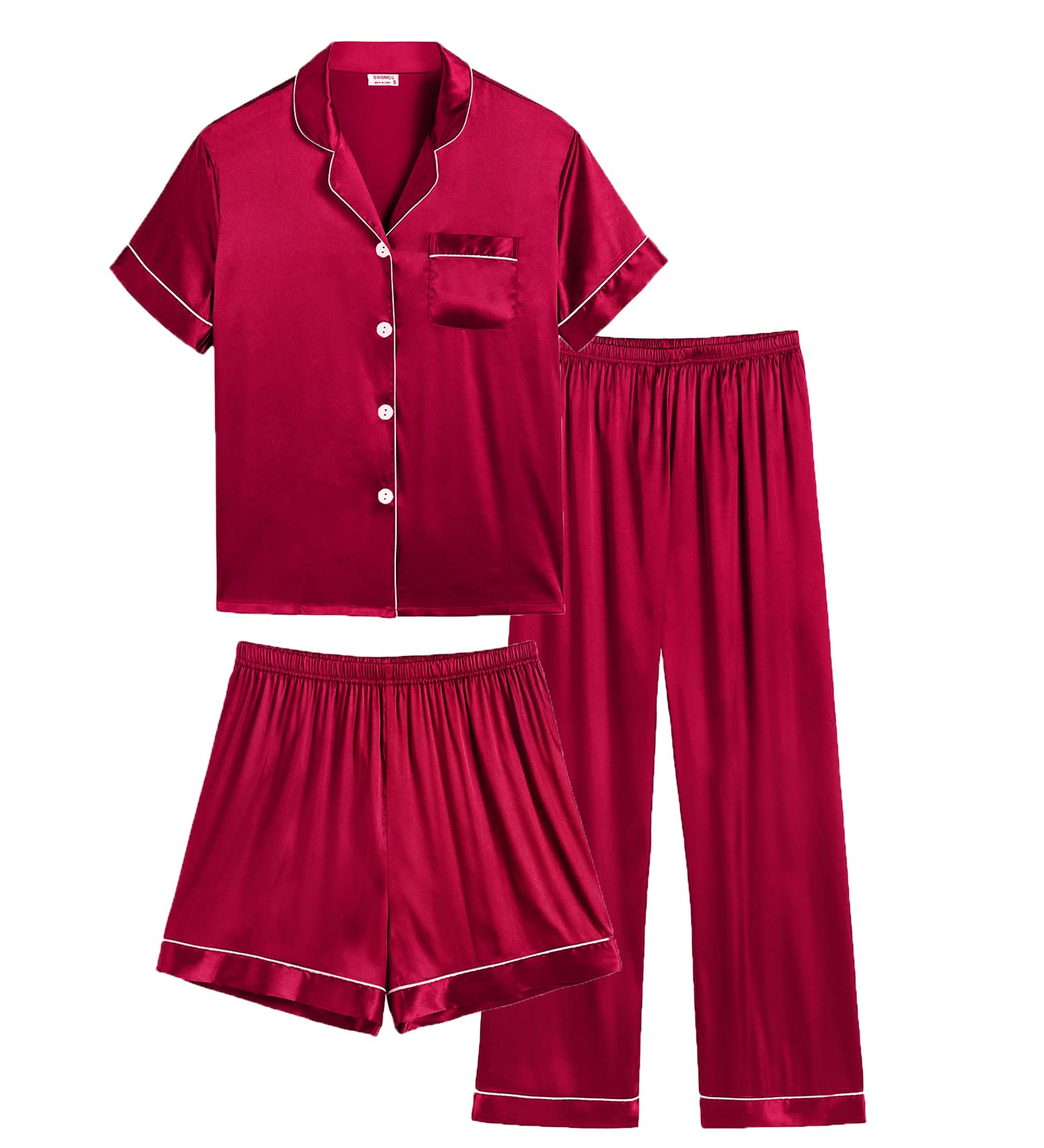 SWOMOG Womens Silk Satin Pajamas Set 3pcs Summer Pj Sets Plus Size Loungewear Button-Down Loose Rose Pink Sleepwear 18W