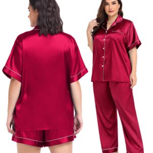 SWOMOG Womens Silk Satin Pajamas Set 3pcs Summer Pj Sets Plus Size Loungewear Button-Down Loose Rose Pink Sleepwear 18W