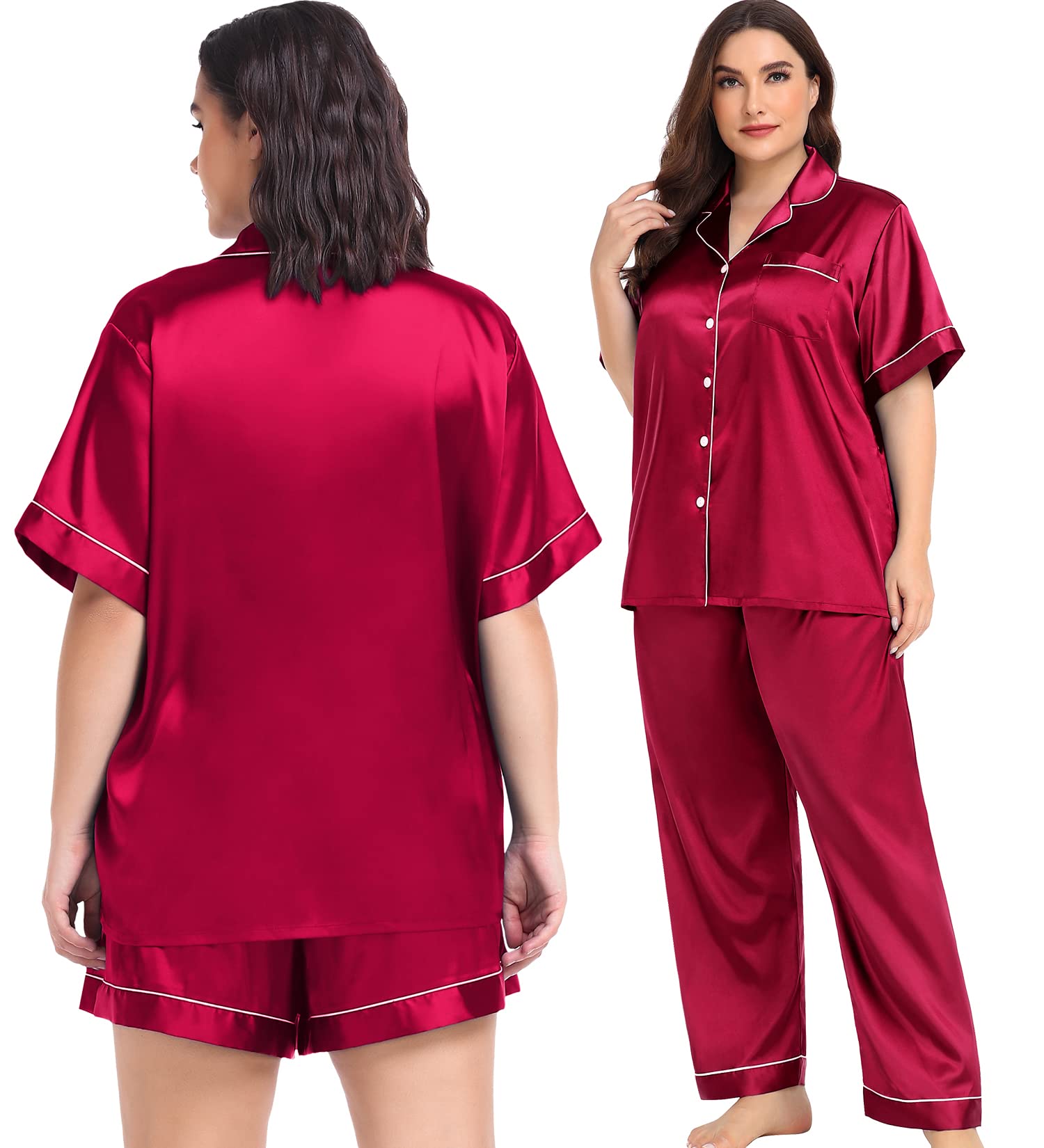 SWOMOG Womens Silk Satin Pajamas Set 3pcs Summer Pj Sets Plus Size Loungewear Button-Down Loose Rose Pink Sleepwear 18W