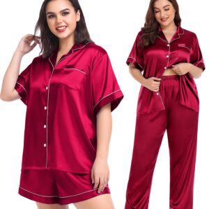 SWOMOG Womens Silk Satin Pajamas Set 3pcs Summer Pj Sets Plus Size Loungewear Button-Down Loose Rose Pink Sleepwear 18W