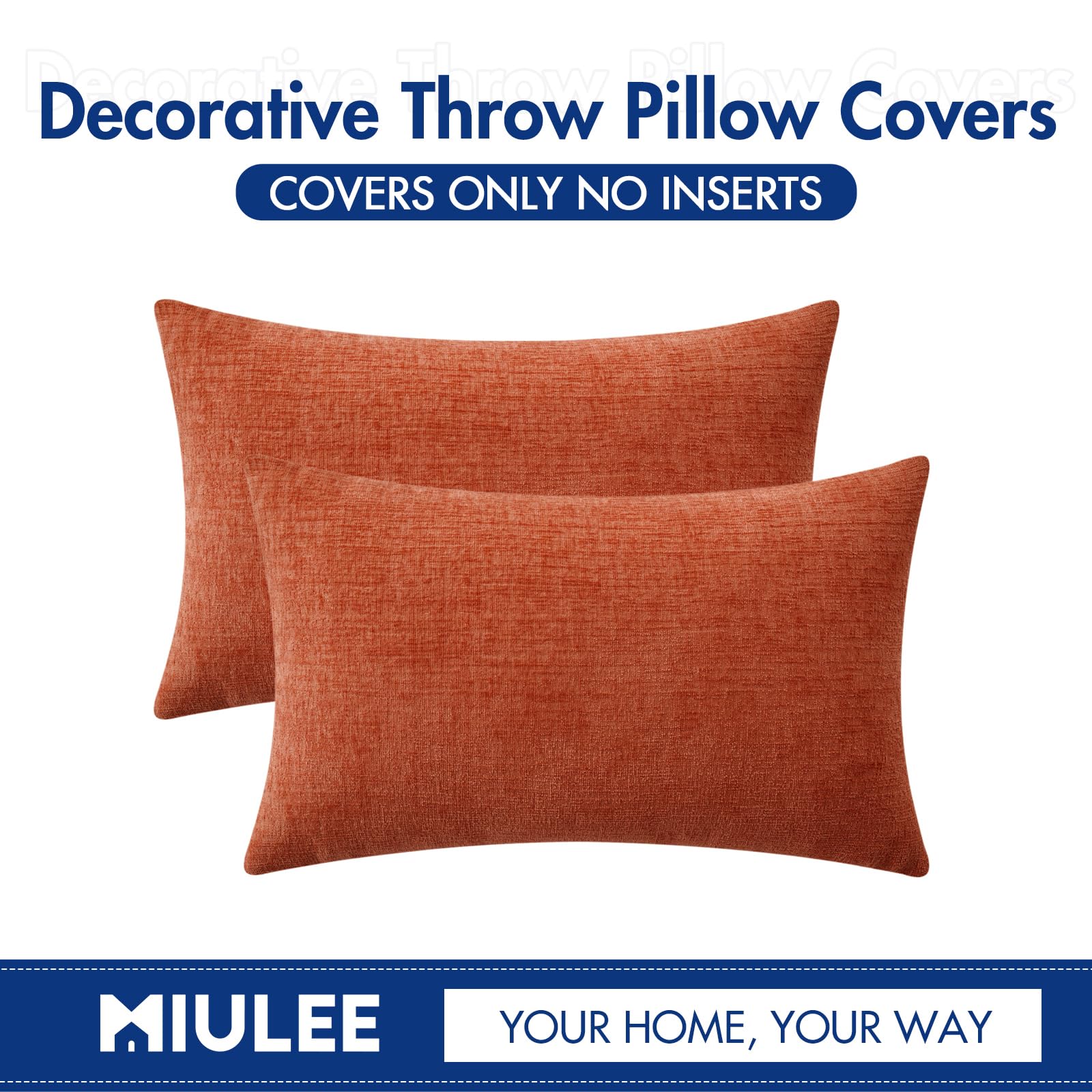 MIULEE Fall Pack of 2 Couch Throw Pillow Covers 12x20 Inch Soft Burnt Orange Chenille Pillow Covers for Sofa Living Room Solid Dyed Pillow Cases