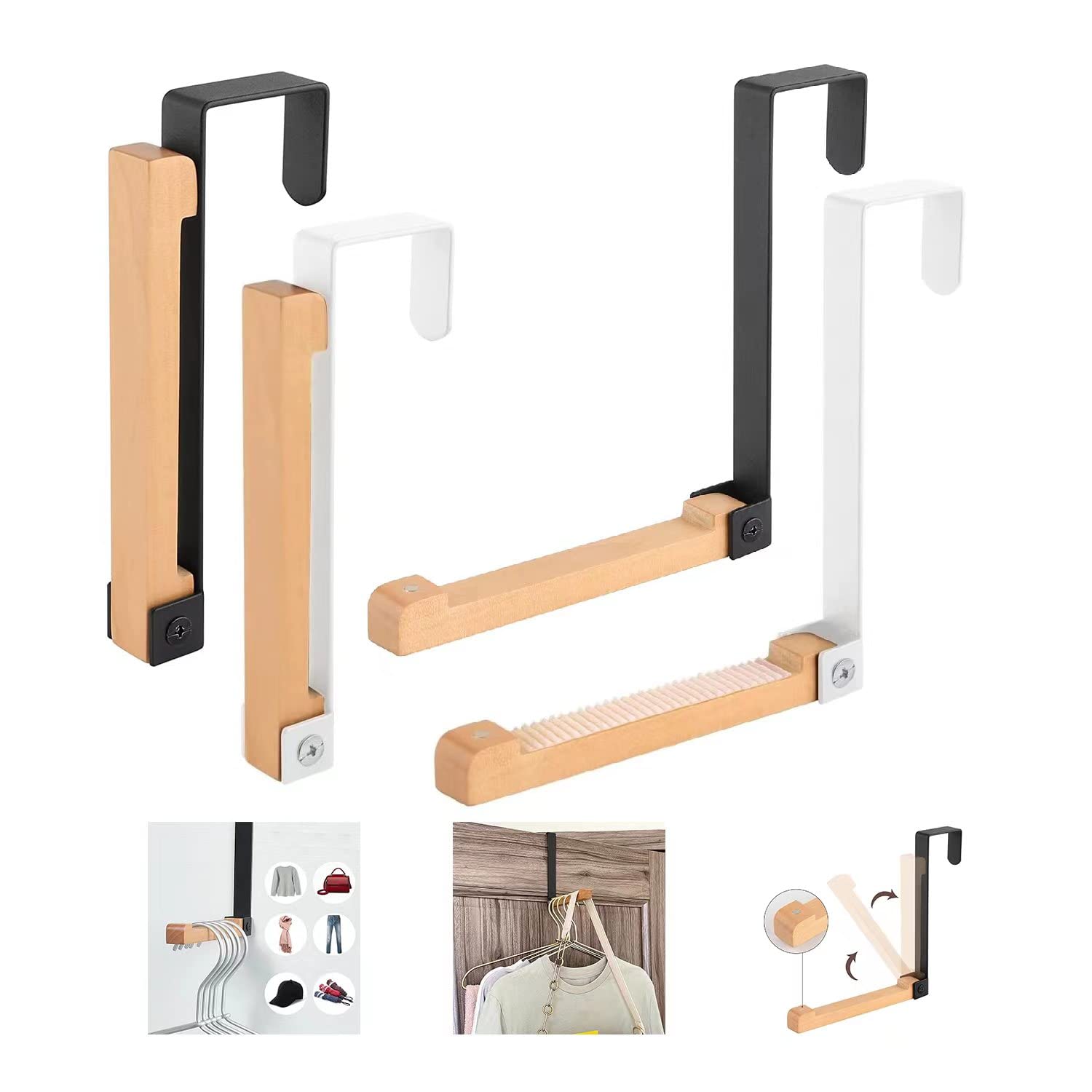 wekunro 2023 New Foldable Wood Over The Door Hooks - Wooden Foldable Coat Hooks, Over The Door Clothes Hanger Hooks, Quality Metal & Wood Material, for Hanging Towels, Clothes, Wreath and Bag (2PCS)