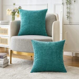 MIULEE Pack of 2 Couch Throw Pillow Covers 18x18 Inch Soft Teal Chenille Pillow Covers for Sofa Living Room Solid Dyed Pillow Cases