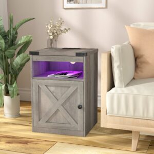 HOSEOKA LED Nightstand with Charging Station, Bedside Tables with Cabinet & Pull Out Tray Farmhouse Side Table LED Light Night Stand Storage End Table with USB Ports and Outlets for Bedroom