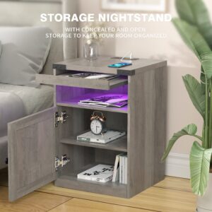 HOSEOKA LED Nightstand with Charging Station, Bedside Tables with Cabinet & Pull Out Tray Farmhouse Side Table LED Light Night Stand Storage End Table with USB Ports and Outlets for Bedroom