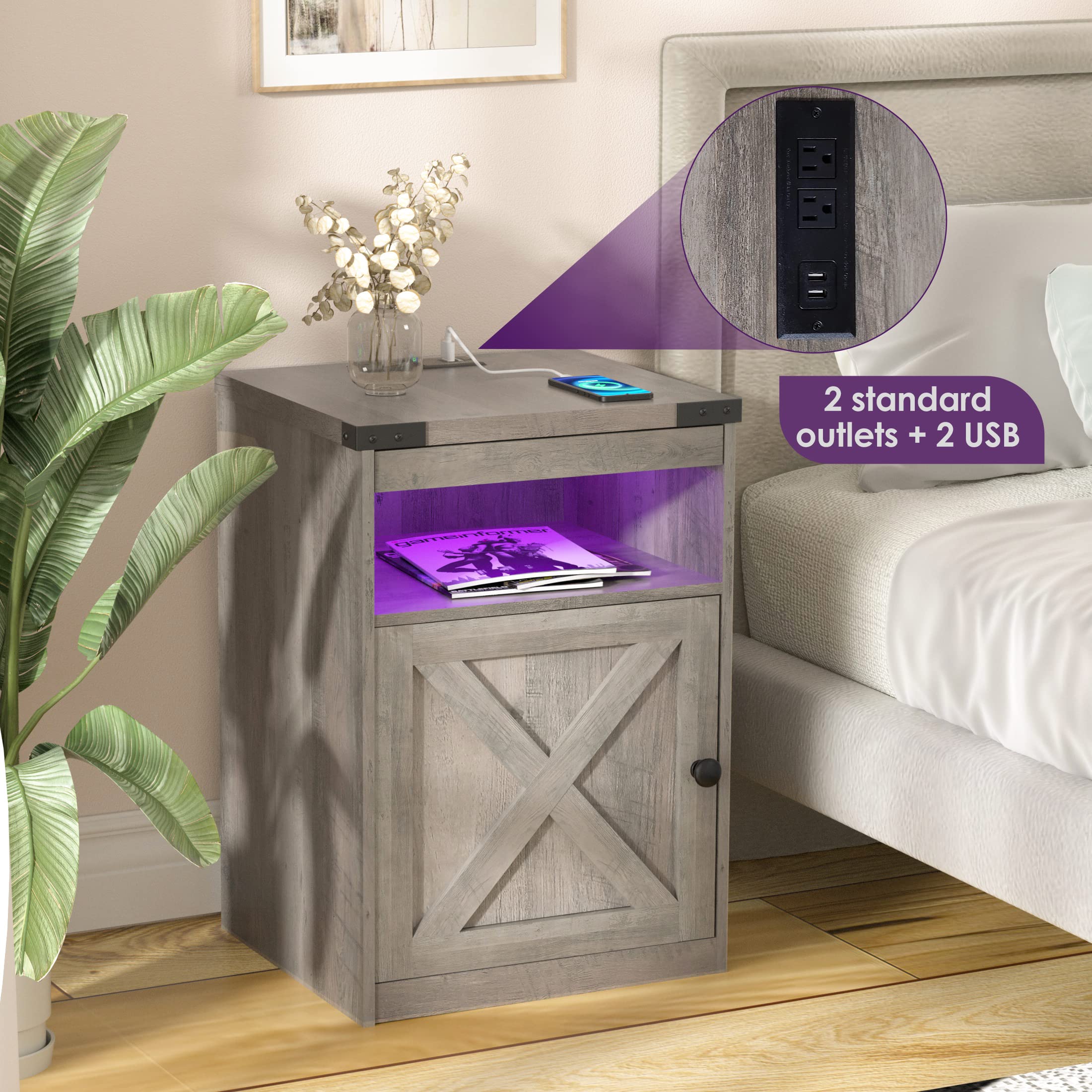 HOSEOKA LED Nightstand with Charging Station, Bedside Tables with Cabinet & Pull Out Tray Farmhouse Side Table LED Light Night Stand Storage End Table with USB Ports and Outlets for Bedroom